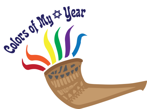 Title text in blue, brown horn, with rainbow sound waves coming out