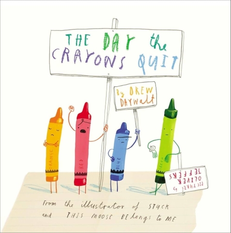 Cover of the book, with the orange, red, blue, and green crayons picketing.