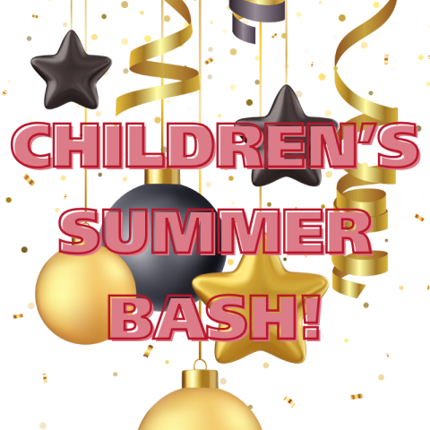 Black and gold streamers and balloons with the words "Children's Summer Bash!"
