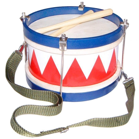 A round red white and blue snare drum with a pair of drumsticks