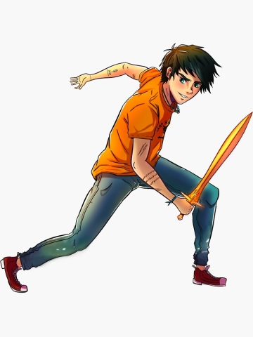 Percy Jackson in a lunging action pose with his sword Riptide. He wears jeans, red sneakers, and an orange t shirt. 