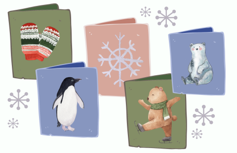 Drawings of five cards showing winter objects, including mittens, a snowflake, a penguin, and an ice skating bear