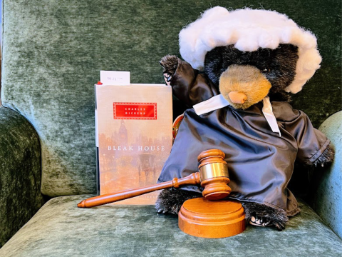 A stuffed teddy bear dressed as a judge and holding a copy of the novel Bleak House.