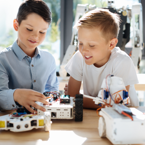 Two boys building a robotic car
