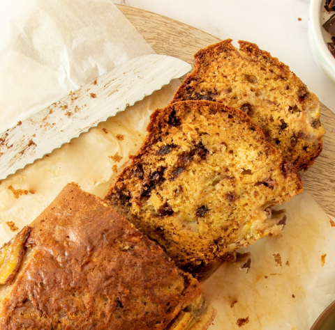 Sliced chocolate chip banana bread.