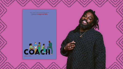 Headshot of author Jason Reynolds alongside the cover of his book