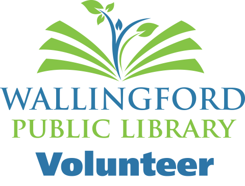 The Wallingford Public Library Volunteer logo. Depicts an abstract sprout growing out of book pages above the text "Wallingford Public Library Volunteer" in blue and green.