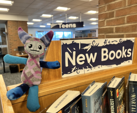 A blue and purple cute monster plushie sitting with new library books.