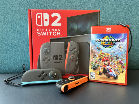 A Switch 2 in box with controllers and Mario Kart World.