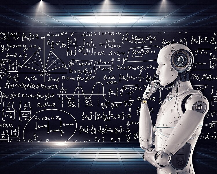 robot in front of a blackboard of equations