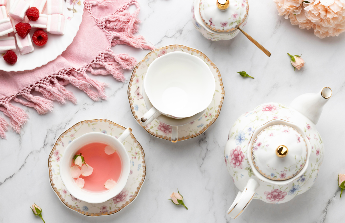 White floral tea set on table