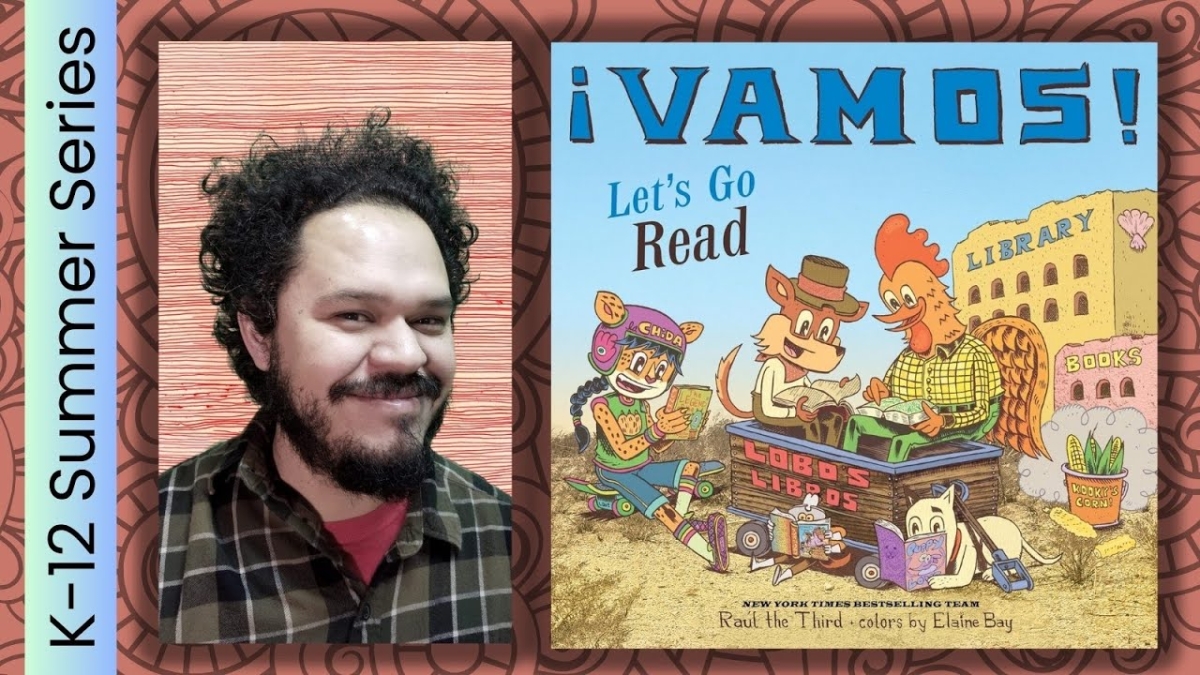 Photograph of author Raul the Third alongside the cover of his book, Vamos! Let's Go Read