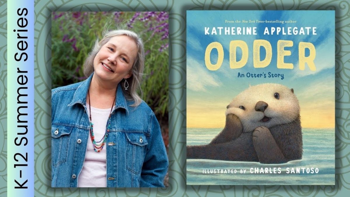 Photo of author Katherine Applegate and the cover of her novel, "Odder: An Otter's Story"