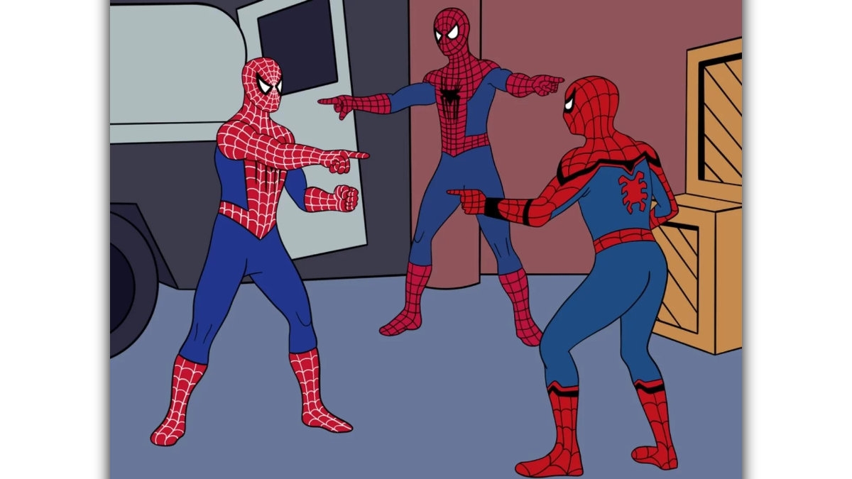 3 Spidermen pointing at each other