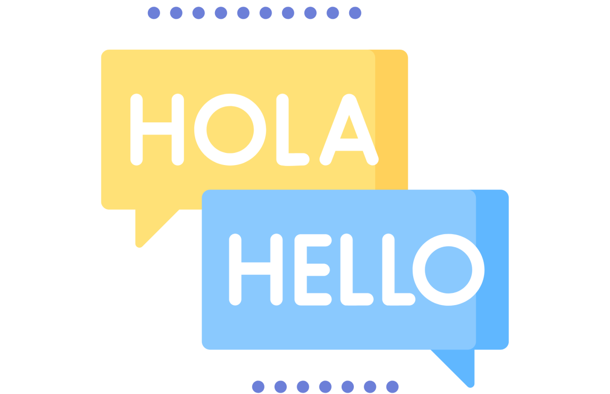 Two speech boxes with the text Hola and Hello
