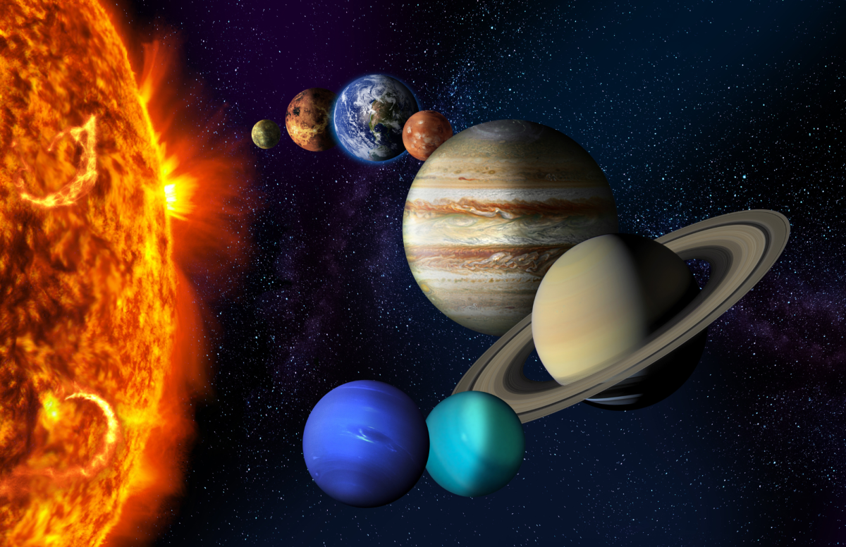 Artistic rendering of the 8 planets around the sun