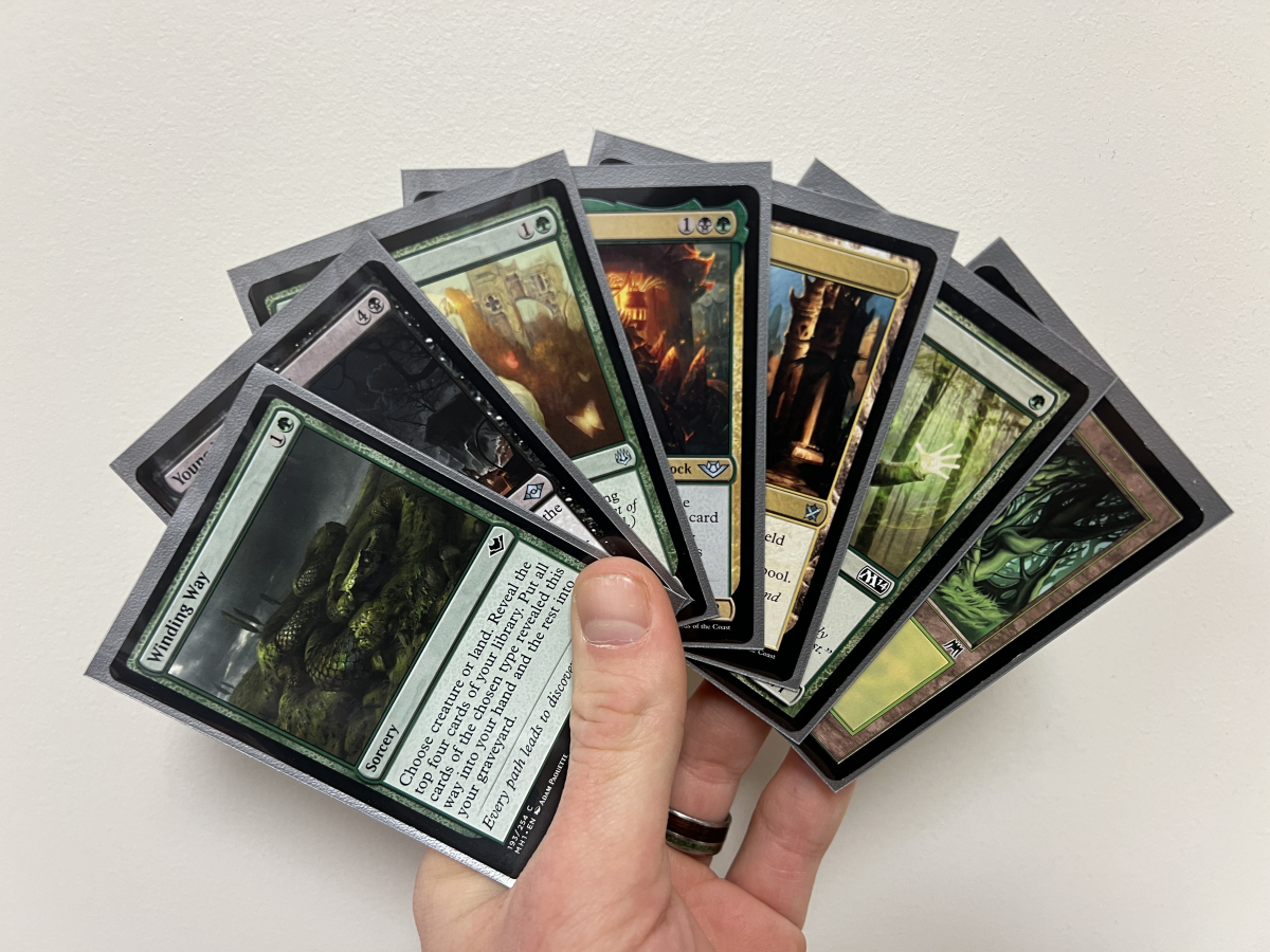A fanned out hand of Magic the Gathering cards.