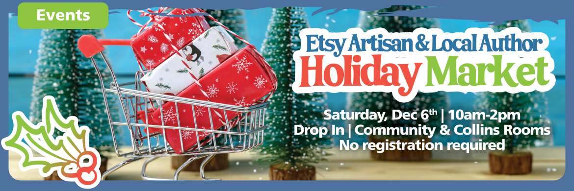 Shopping cart with gifts and text advertising the Holiday Market